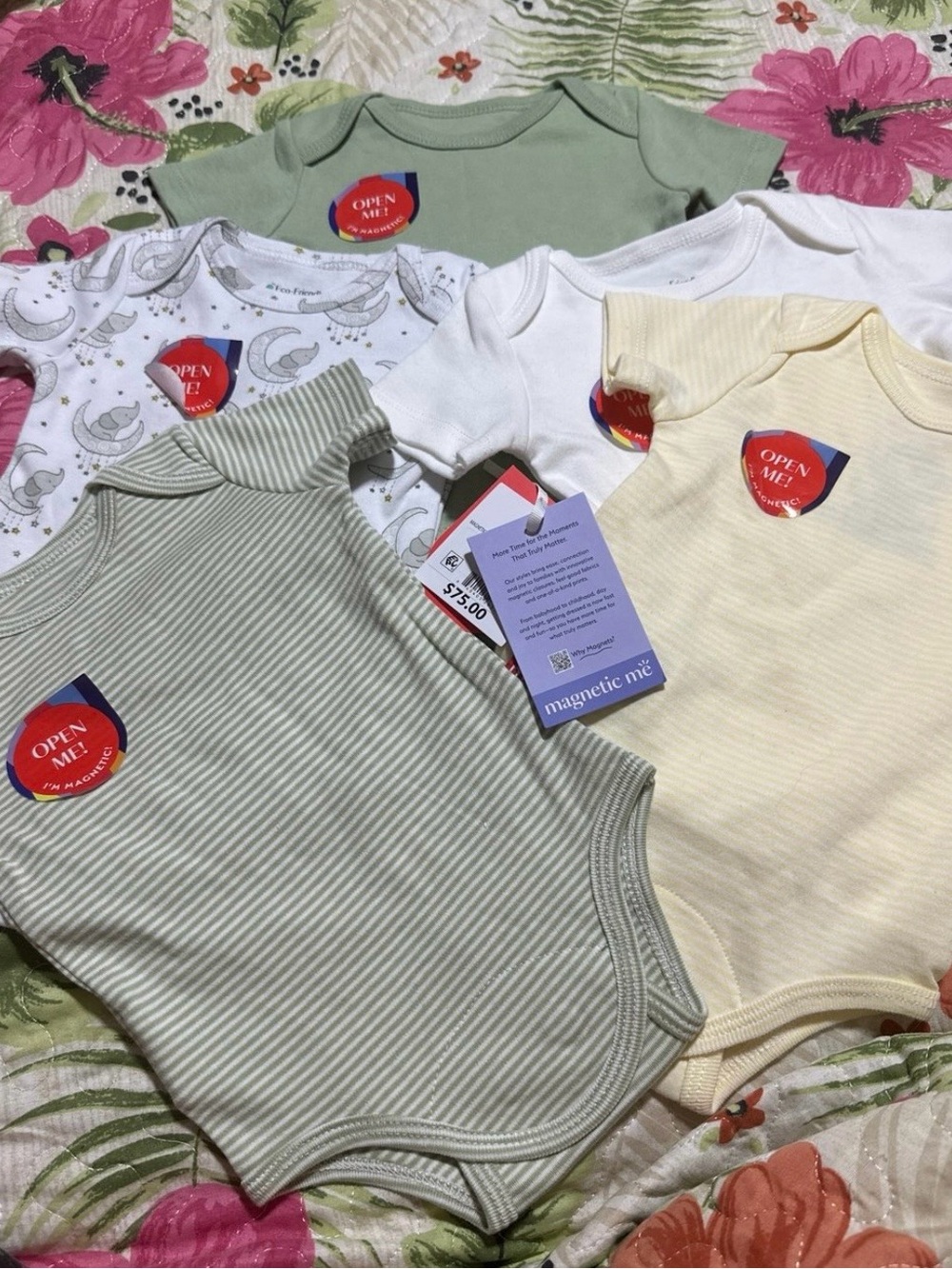 Magnetic Me Baby One-Piece Bodysuits in Sage, Cream, White, and Moon Print Newbo